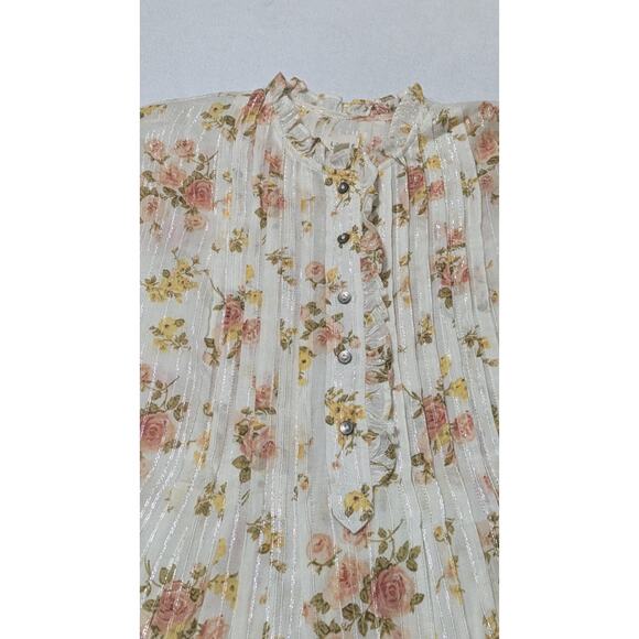La Vie Rebecca Taylor Ivory Metallic Floral Madeleine Blouse XS Dainty Ruffle - Picture 3 of 12